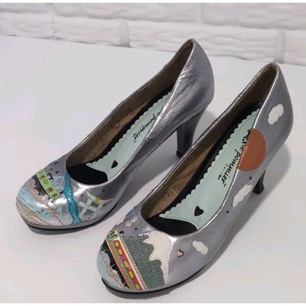Le Pommier Paris Heels Womens Pumps Eiffel Tower Train Hand Painted Art Size 9